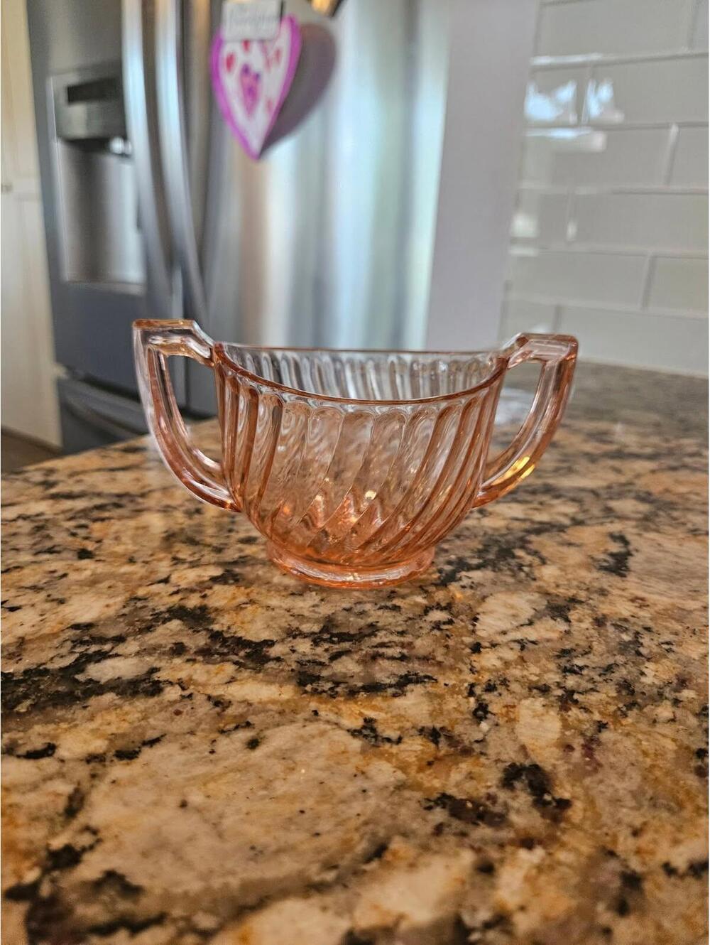Vintage Imperial Twisted Optic Pink Depression Glass Open Handle Sugar Bowl